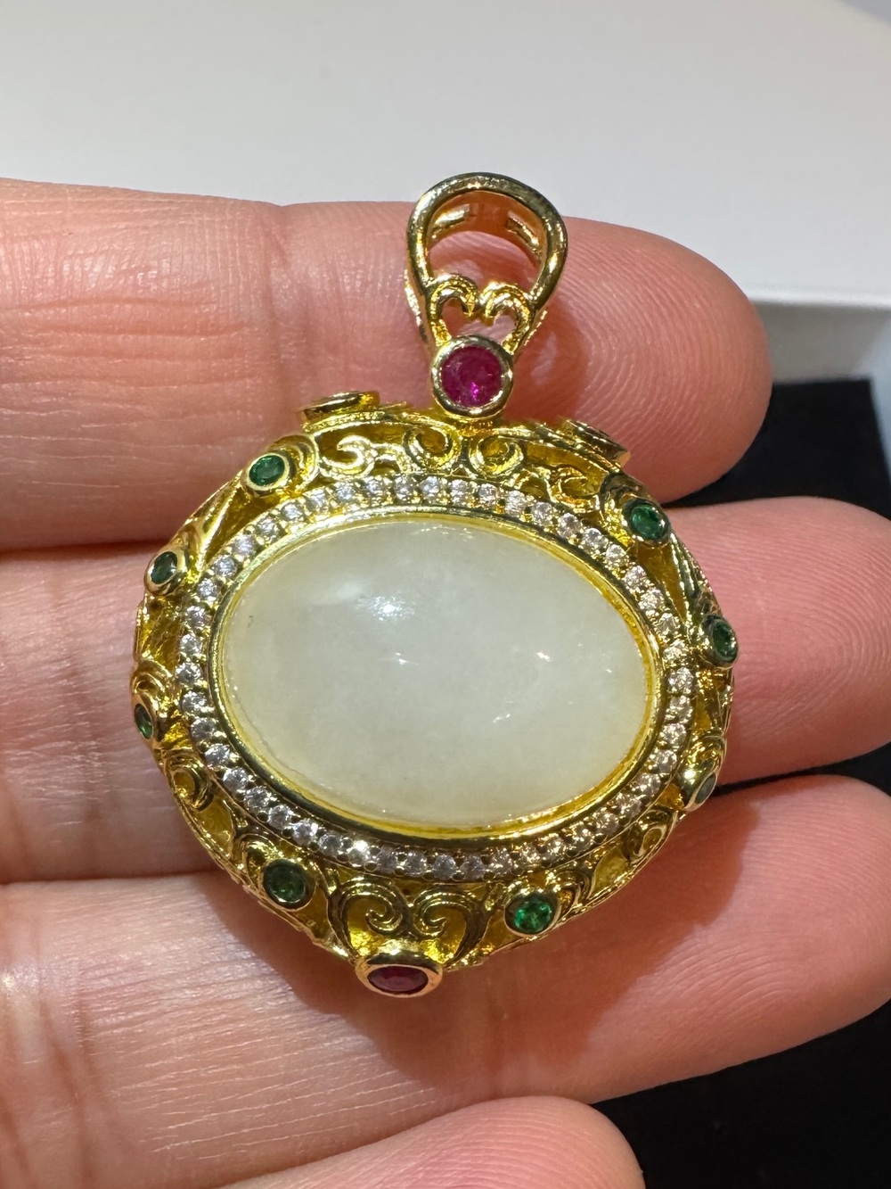 Jade Locket Pendant with Green and Pink Accents